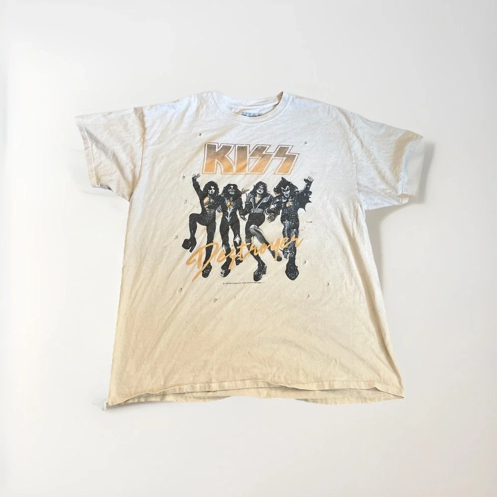 Kiss Band Destroyers Distressed Cotton Cream Band T Shirt Men's Large